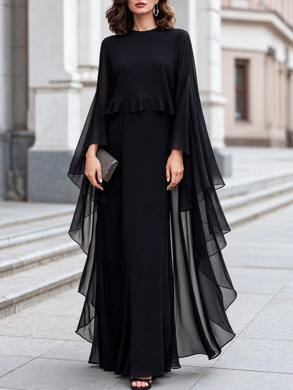 Elegant Sheer Cape Sleeve Maxi Evening Dress