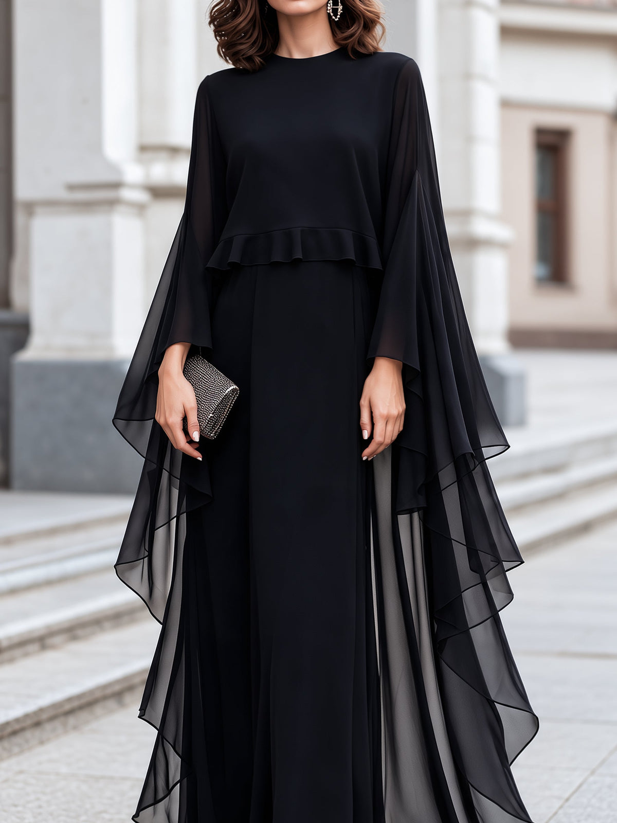Elegant Sheer Cape Sleeve Maxi Evening Dress
