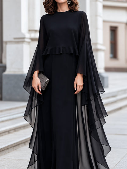 Elegant Sheer Cape Sleeve Maxi Evening Dress