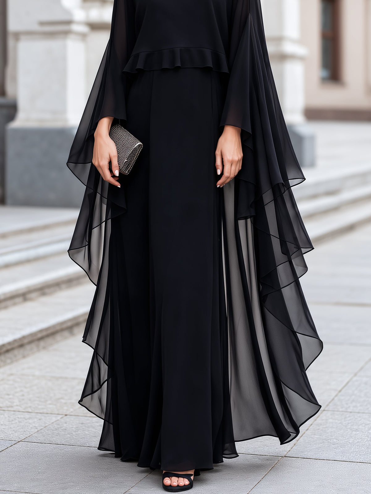 Elegant Sheer Cape Sleeve Maxi Evening Dress