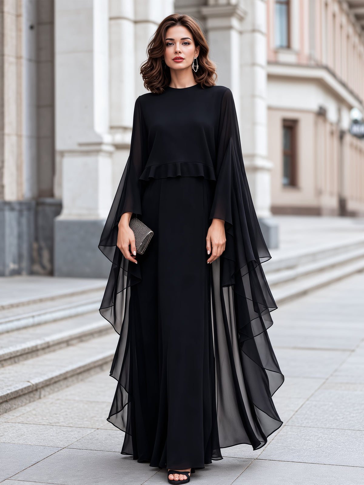 Elegant Sheer Cape Sleeve Maxi Evening Dress