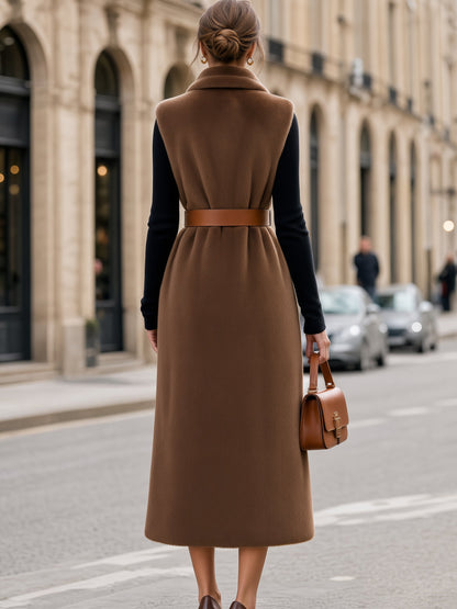 Faux Shearling Long Vest & Turtleneck Top Set