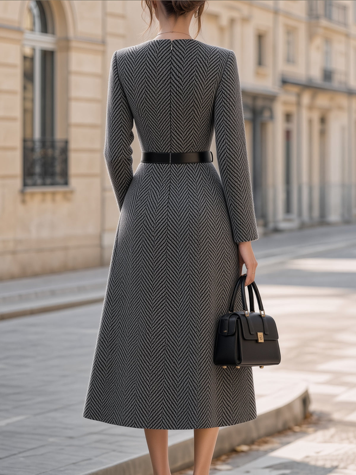 Herringbone Pattern V-Neck Belted Midi Dress