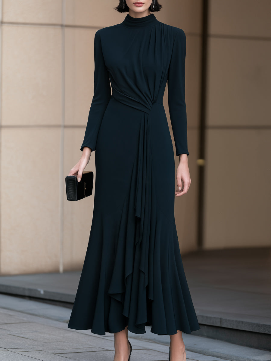 Mock Neck Ruched Waist Long Sleeve Maxi Dress