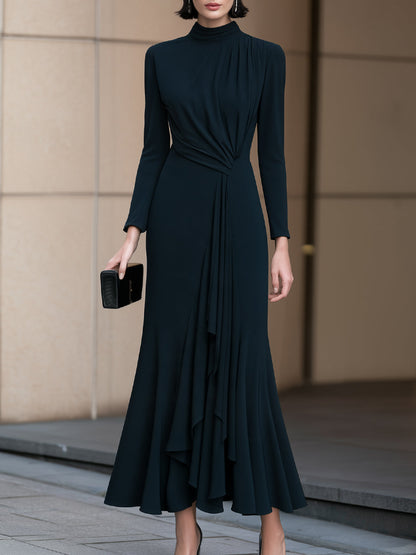 Mock Neck Ruched Waist Long Sleeve Maxi Dress