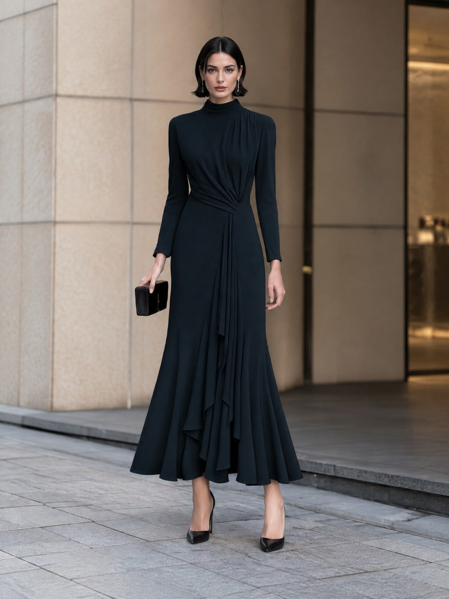 Mock Neck Ruched Waist Long Sleeve Maxi Dress