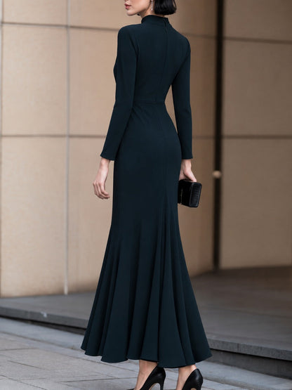 Mock Neck Ruched Waist Long Sleeve Maxi Dress