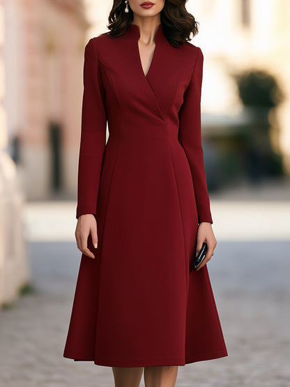 Stand Collar Split V-Neck Long Sleeve Fit-and-Flare Midi Dress