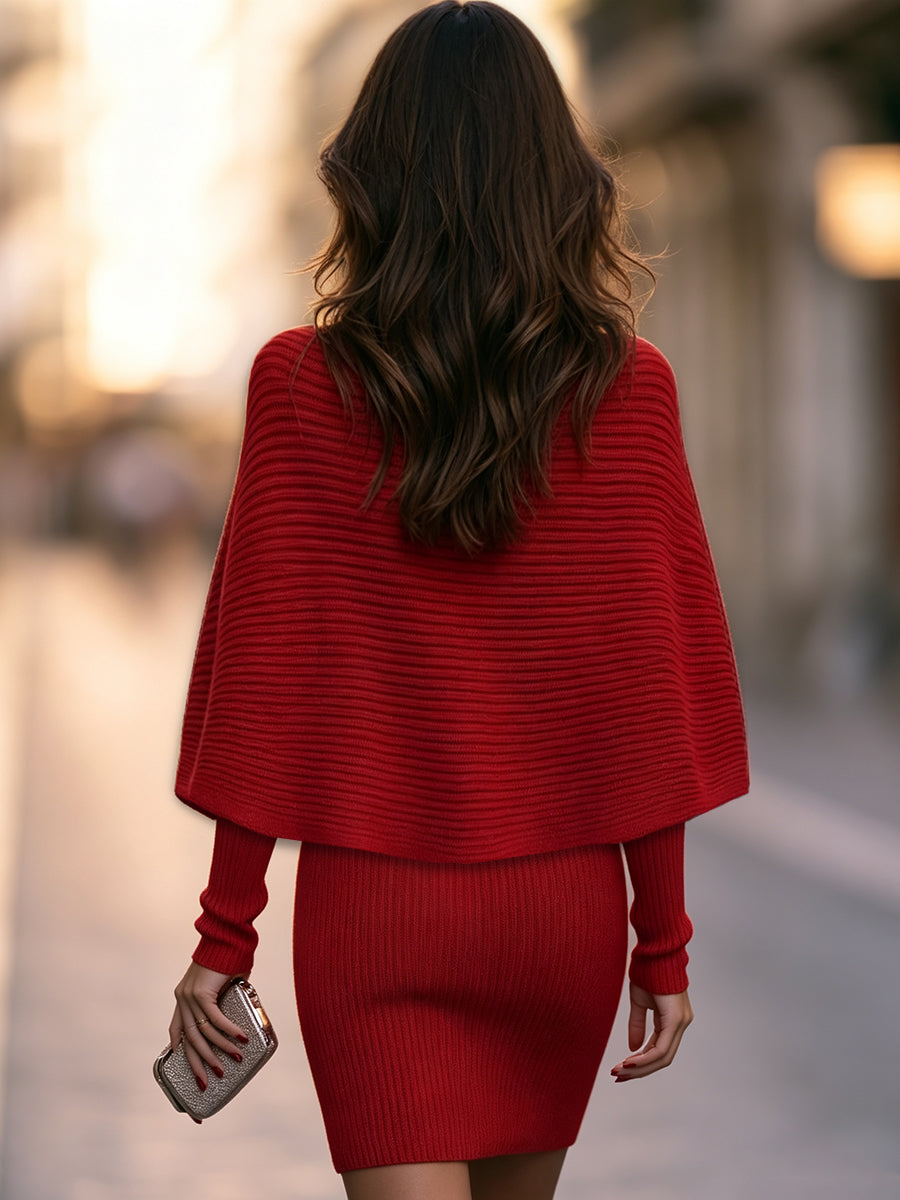 Turtleneck Capelet Ribbed Knit Bodycon Two-piece Mini Dress