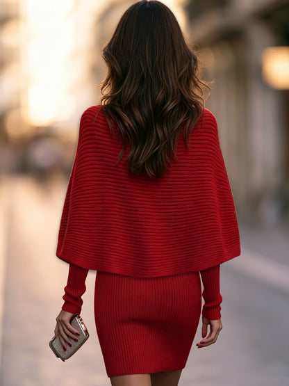 Turtleneck Capelet Ribbed Knit Bodycon Two-piece Mini Dress