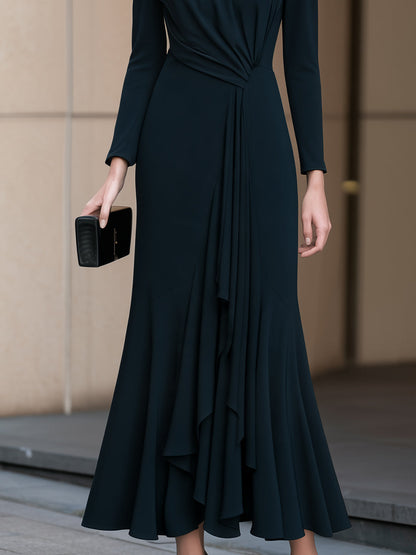 Mock Neck Ruched Waist Long Sleeve Maxi Dress