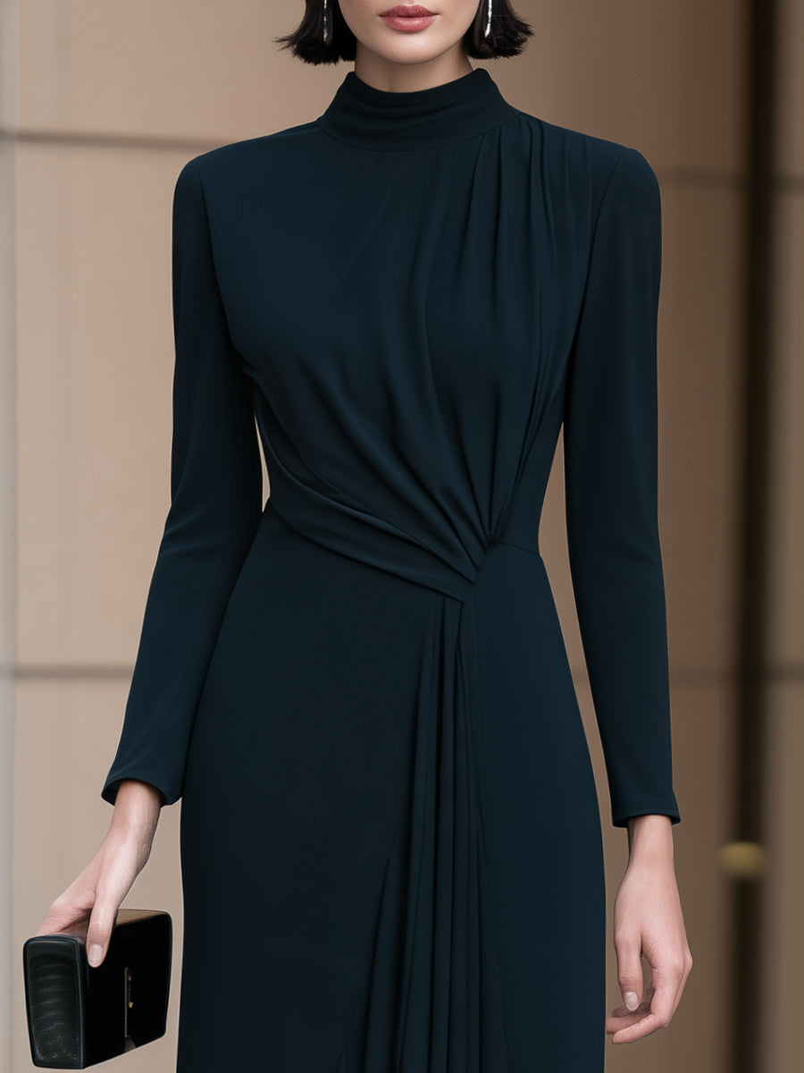 Mock Neck Ruched Waist Long Sleeve Maxi Dress
