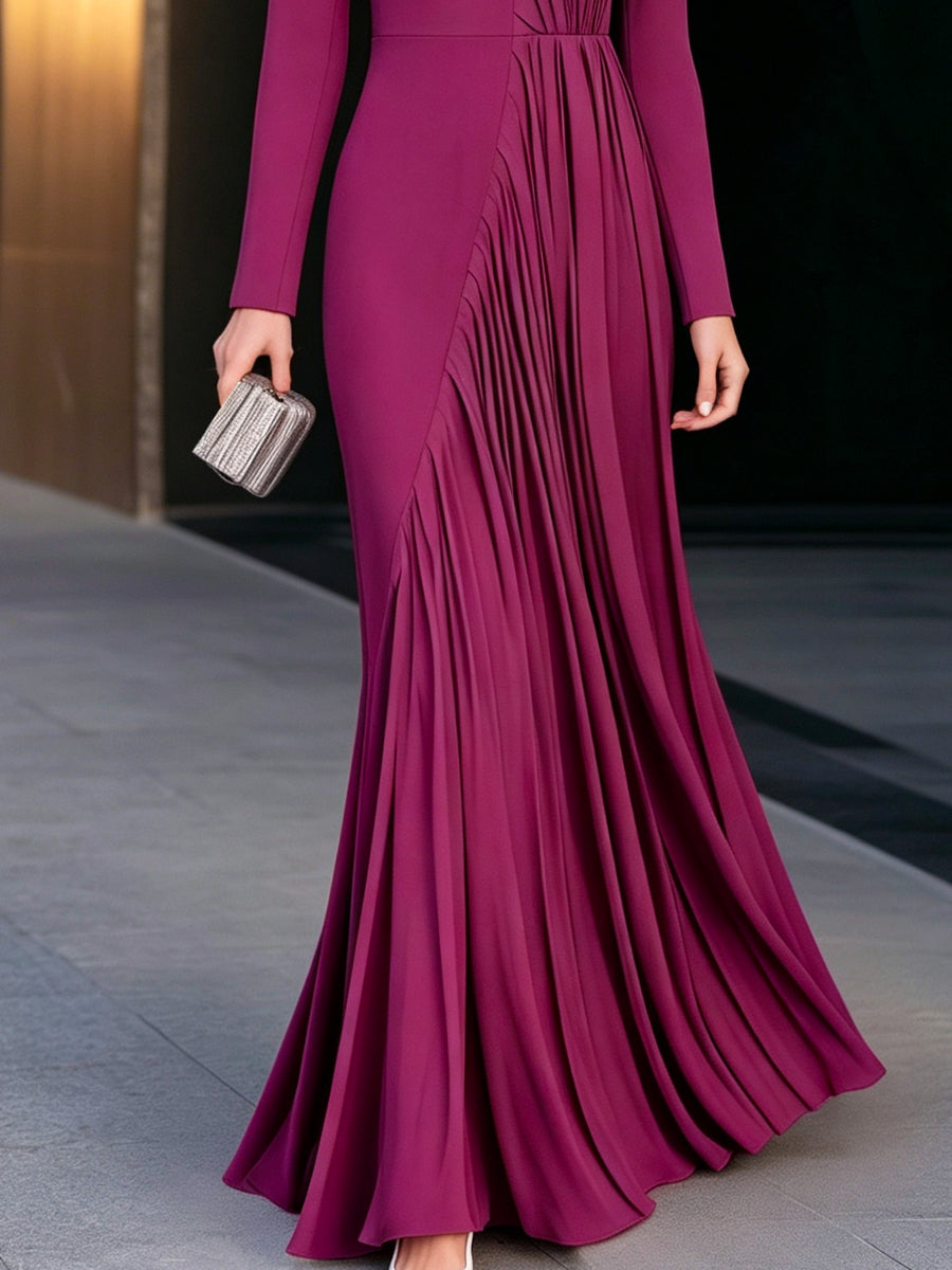 Asymmetric Pleated High-Neck Maxi Evening Dress