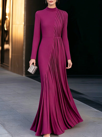 Asymmetric Pleated High-Neck Maxi Evening Dress
