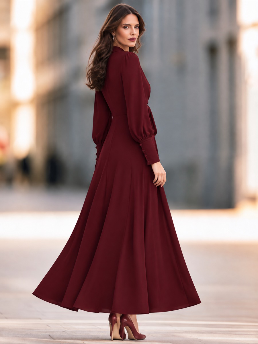 V-Neck Long Bishop Sleeve Twist Knot Front Sash Fit And Flare Maxi Dress With Button Cuffs