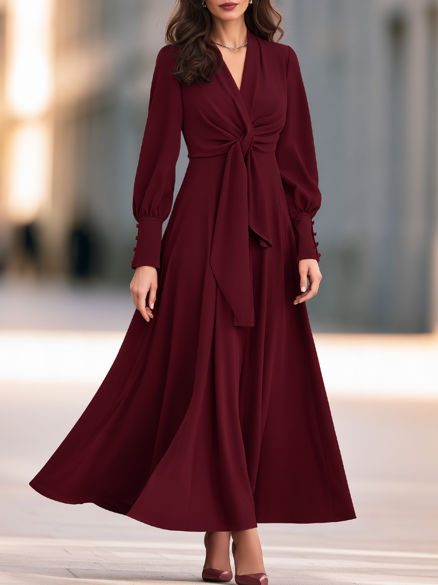 V-Neck Long Bishop Sleeve Twist Knot Front Sash Fit And Flare Maxi Dress With Button Cuffs