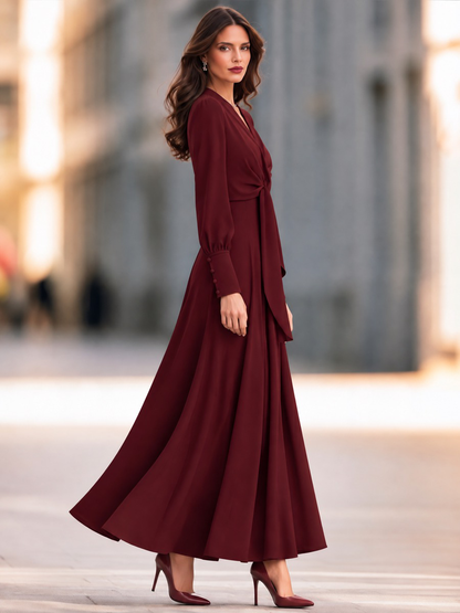 V-Neck Long Bishop Sleeve Twist Knot Front Sash Fit And Flare Maxi Dress With Button Cuffs