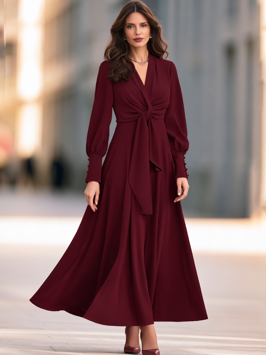 V-Neck Long Bishop Sleeve Twist Knot Front Sash Fit And Flare Maxi Dress With Button Cuffs