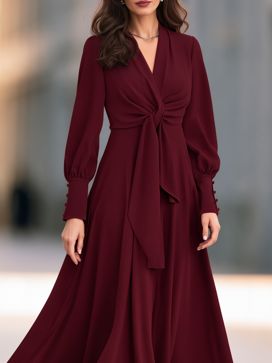 V-Neck Long Bishop Sleeve Twist Knot Front Sash Fit And Flare Maxi Dress With Button Cuffs