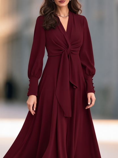 V-Neck Long Bishop Sleeve Twist Knot Front Sash Fit And Flare Maxi Dress With Button Cuffs