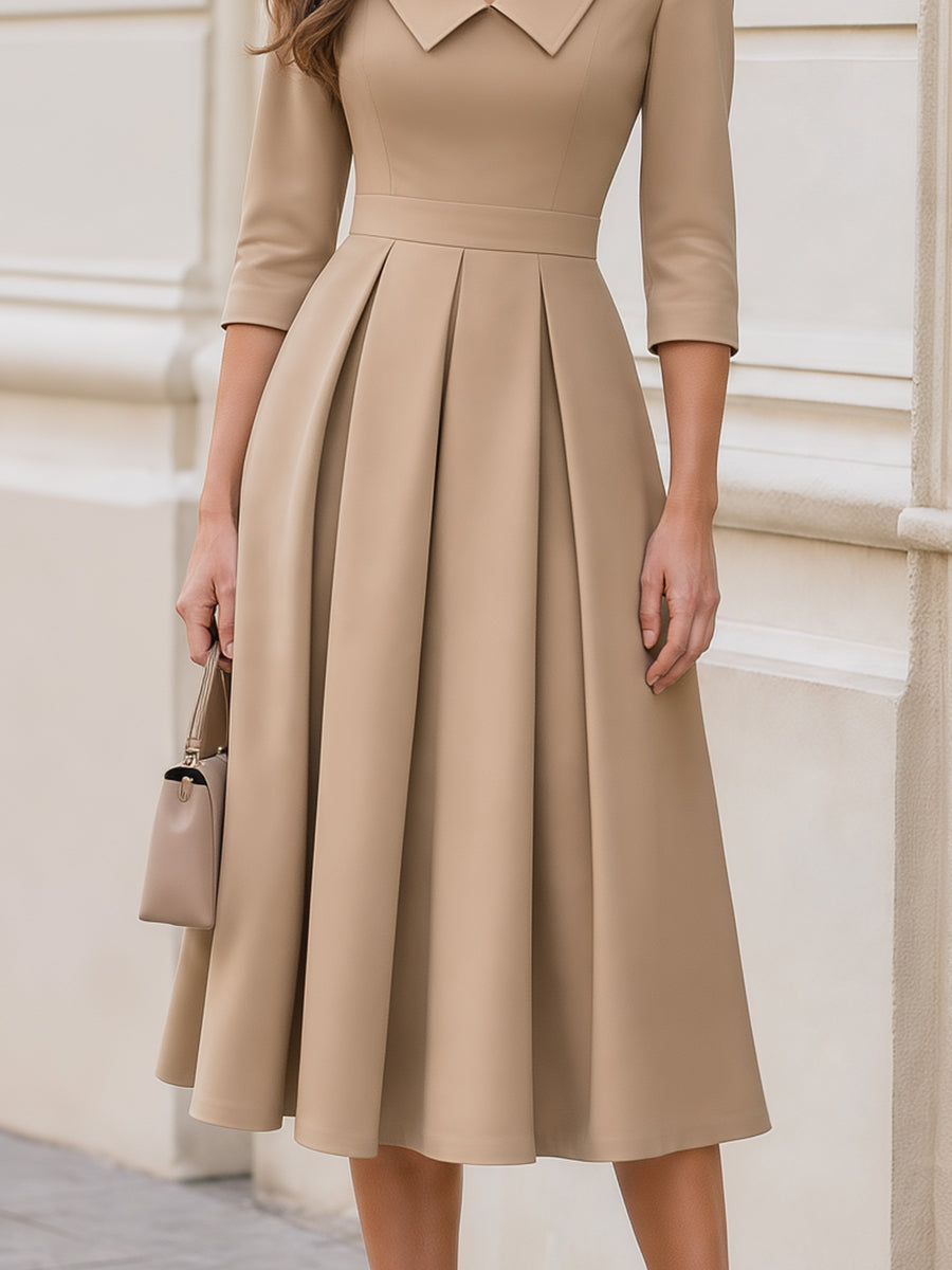 Notched Collar V-Neck 3/4 Sleeve Pleated A-Line Midi Dress