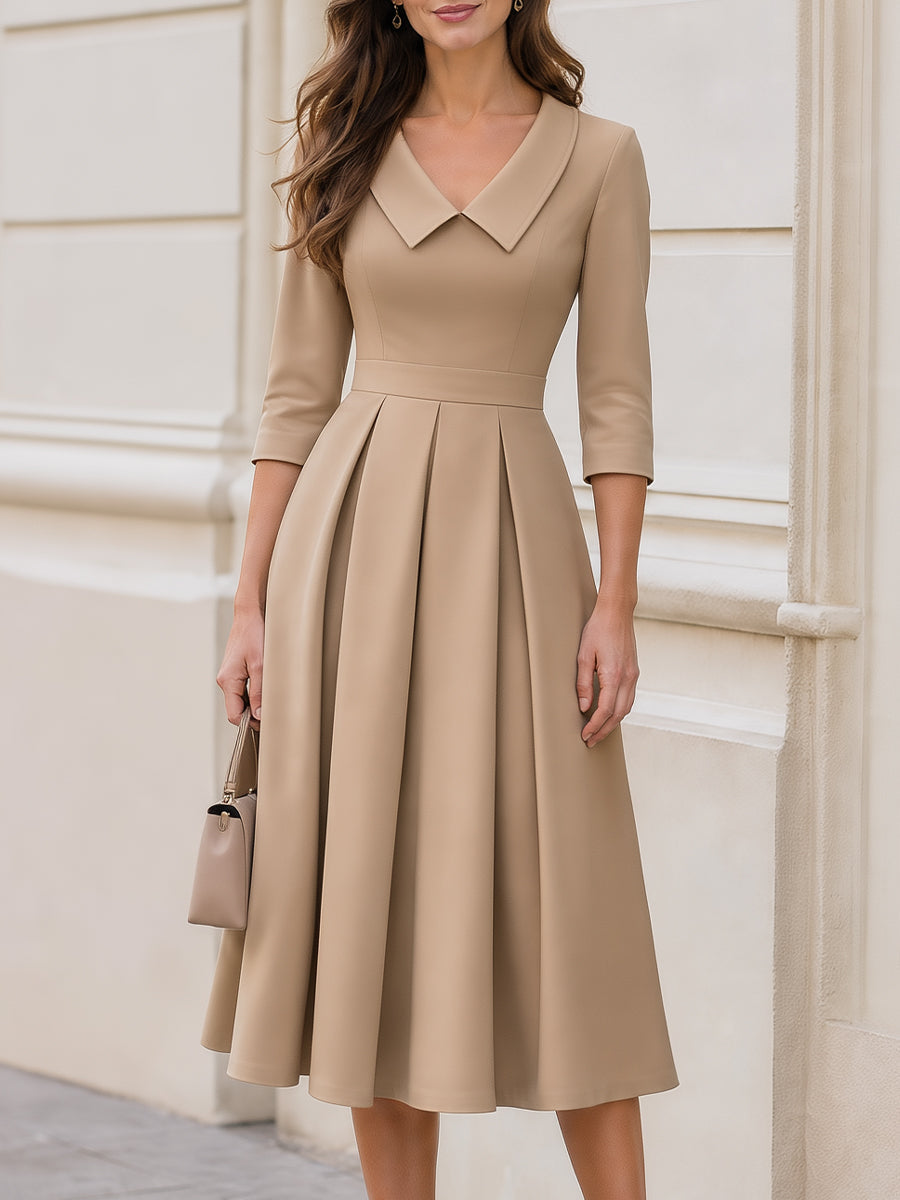 Notched Collar V-Neck 3/4 Sleeve Pleated A-Line Midi Dress