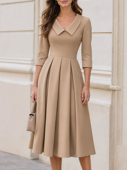 Notched Collar V-Neck 3/4 Sleeve Pleated A-Line Midi Dress