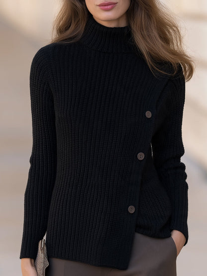 Black Ribbed Knit Turtleneck Button Detail Sweater