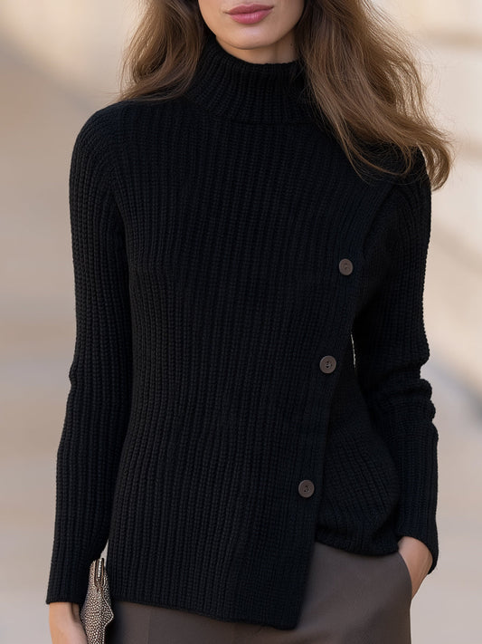 Black Ribbed Knit Turtleneck Button Detail Sweater