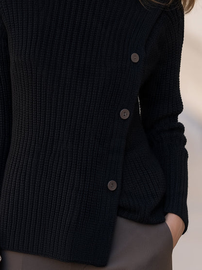Black Ribbed Knit Turtleneck Button Detail Sweater
