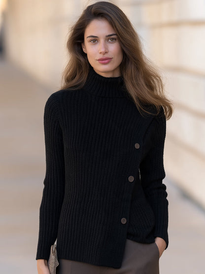 Black Ribbed Knit Turtleneck Button Detail Sweater