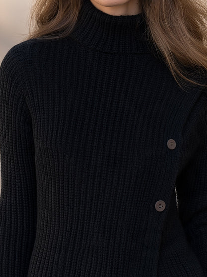 Black Ribbed Knit Turtleneck Button Detail Sweater