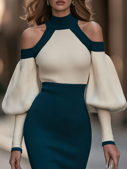 Cold-Shoulder Colorblock Ribbed Knit Midi Sweater Dress