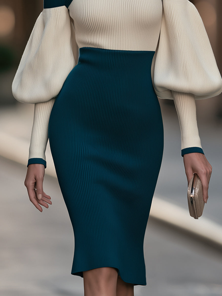 Cold-Shoulder Colorblock Ribbed Knit Midi Sweater Dress