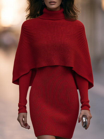 Turtleneck Capelet Ribbed Knit Bodycon Two-piece Mini Dress
