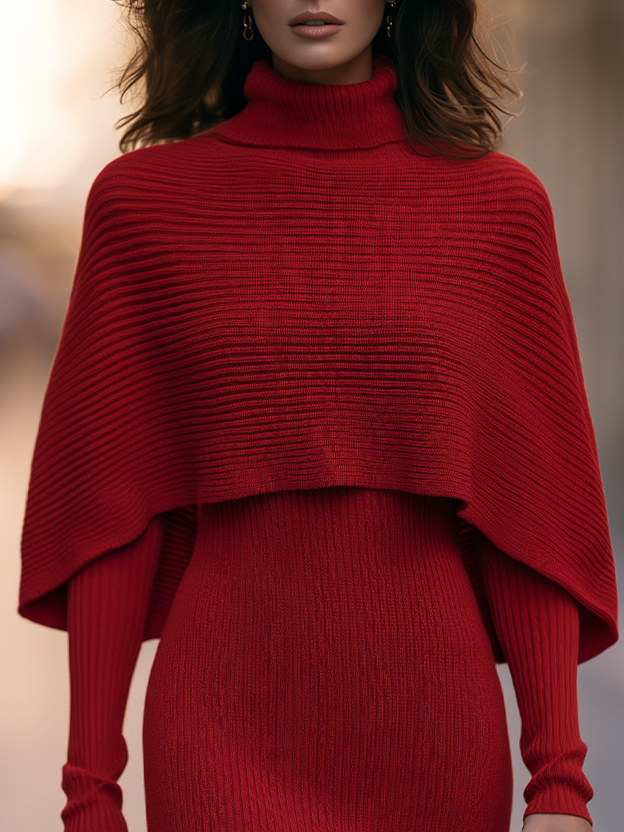 Turtleneck Capelet Ribbed Knit Bodycon Two-piece Mini Dress