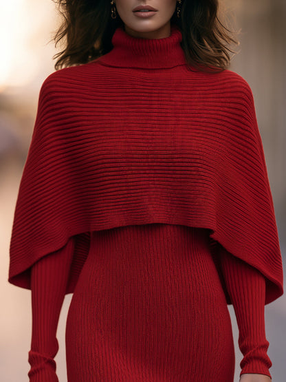 Turtleneck Capelet Ribbed Knit Bodycon Two-piece Mini Dress