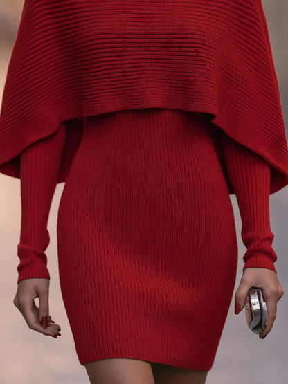 Turtleneck Capelet Ribbed Knit Bodycon Two-piece Mini Dress