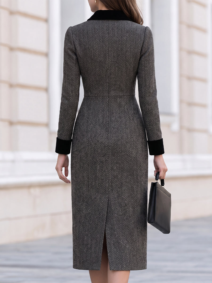 Herringbone Wool Midi Dress, Velvet Collar & Cuff Long‑Sleeve Tailored Dress