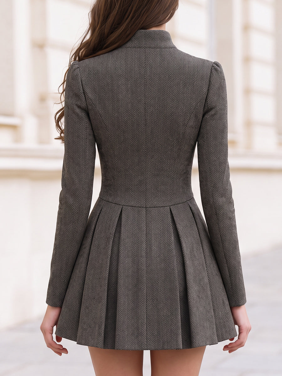 Herringbone Tweed Button Front Mini Dress