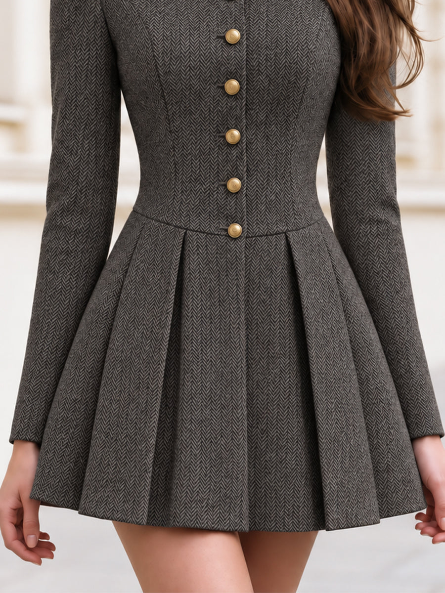Herringbone Tweed Button Front Mini Dress