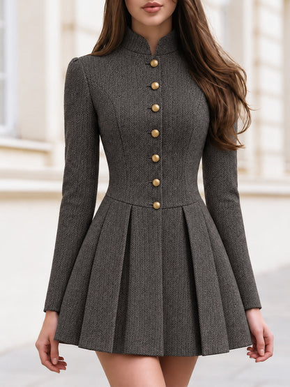 Herringbone Tweed Button Front Mini Dress