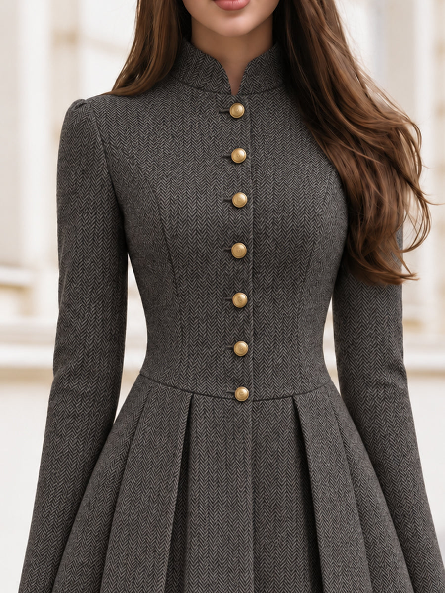 Herringbone Tweed Button Front Mini Dress