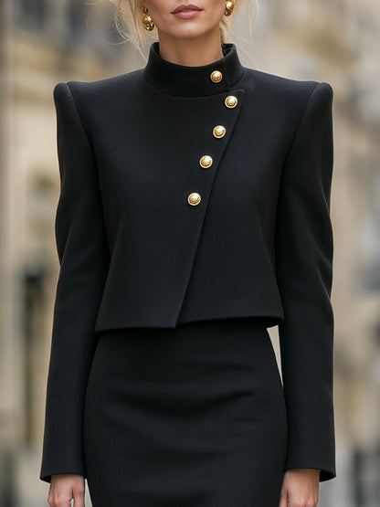 Asymmetric Button-Up Jacket & Midi Skirt Tailored Set