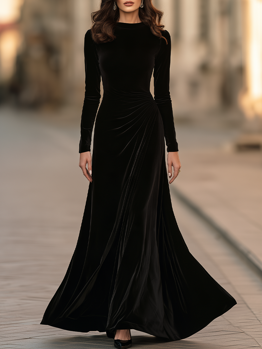 Mock Neck Long Sleeve Velvet Side Ruched Draped Fit And Flare Maxi Dress