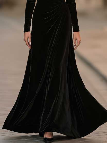 Mock Neck Long Sleeve Velvet Side Ruched Draped Fit And Flare Maxi Dress