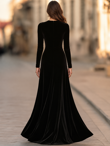 Mock Neck Long Sleeve Velvet Side Ruched Draped Fit And Flare Maxi Dress