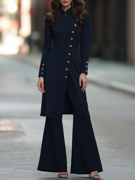 Stand Collar Long Sleeve Asymmetric Gold-Tone Button-Front Longline Tunic Jacket And Flared Pants Two-Piece Set