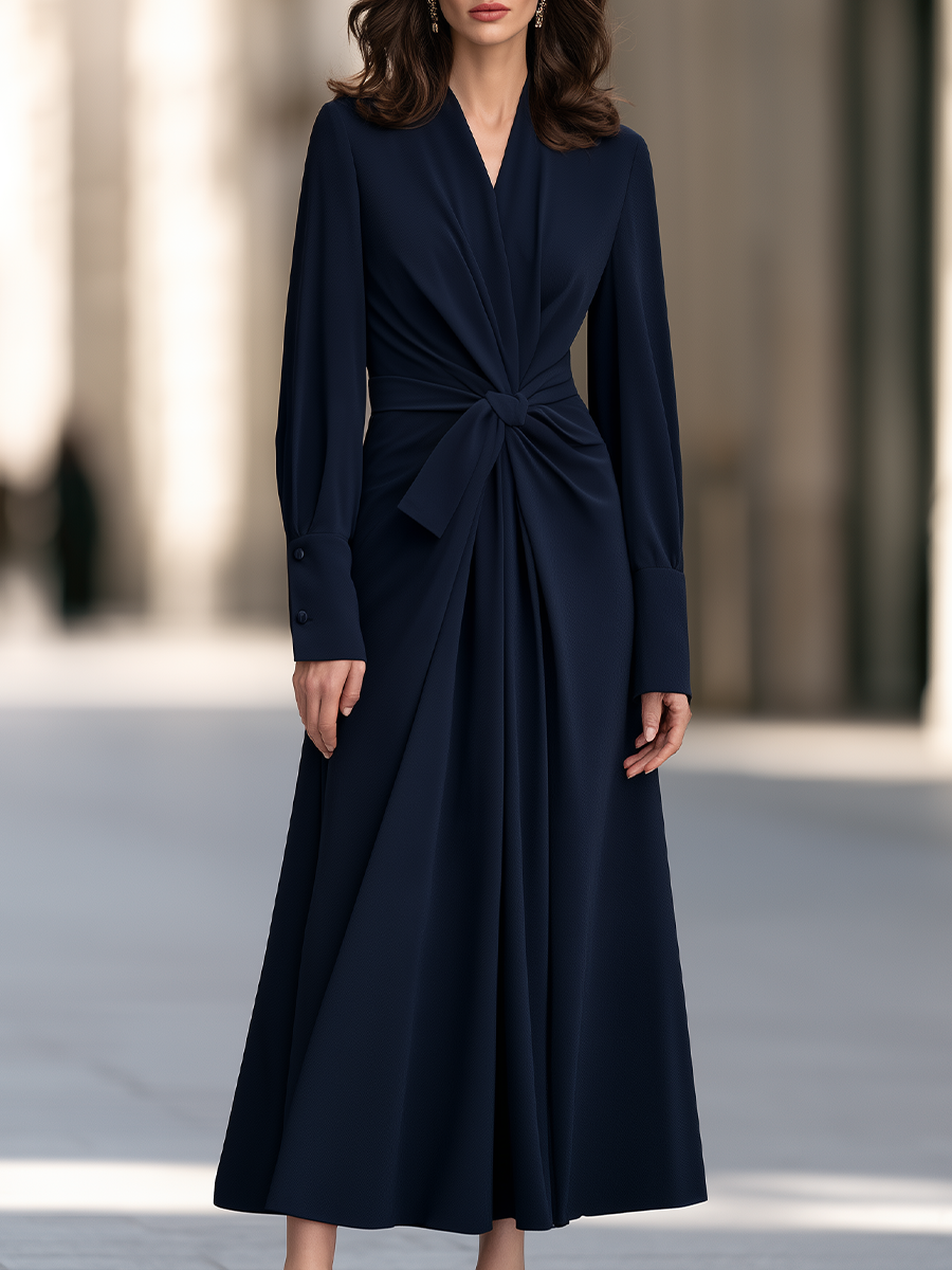 V-Neck Long Bishop Sleeve Knotted Wrap Front Pleated Fit And Flare Maxi Dress With Button Cuffs
