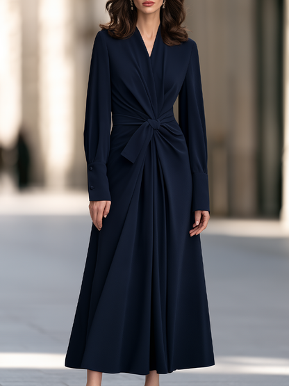 V-Neck Long Bishop Sleeve Knotted Wrap Front Pleated Fit And Flare Maxi Dress With Button Cuffs